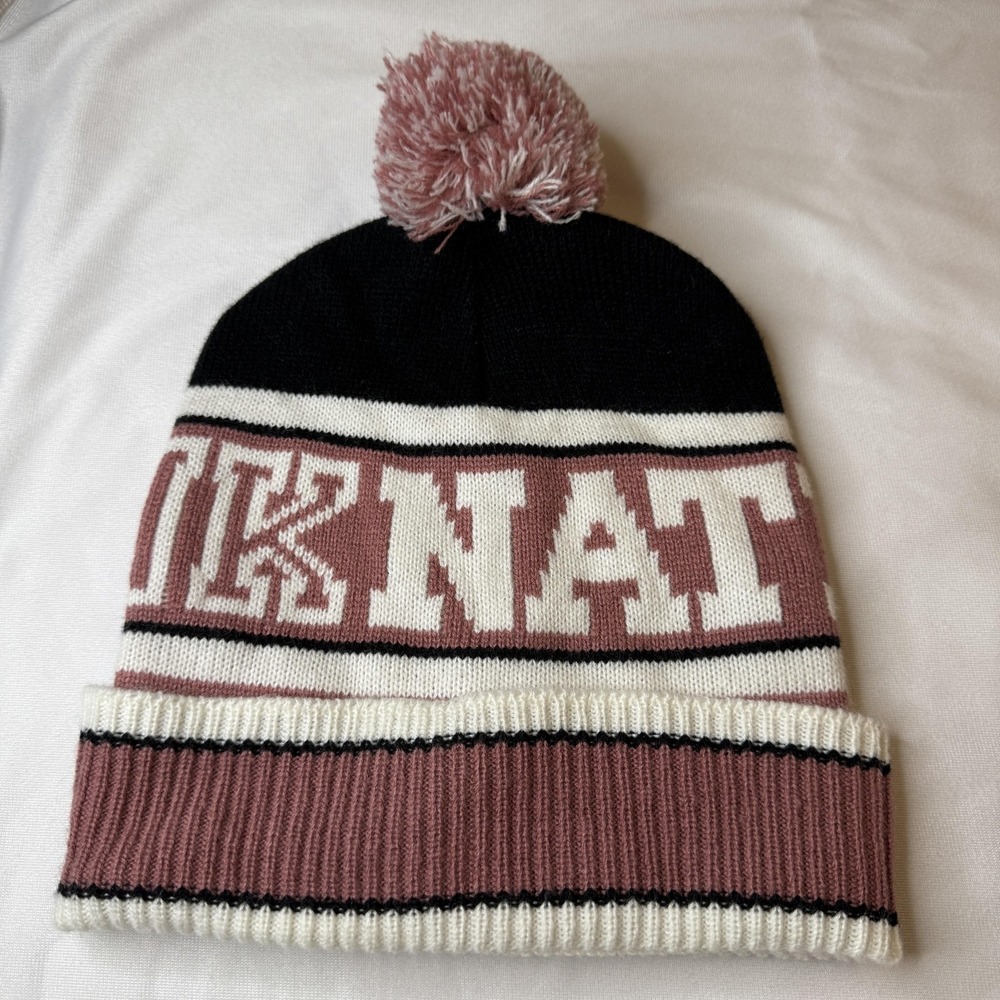 PINK Victoria's Secret Women Beanie OS Pink Black White Pom Pom Nation Knit Hat